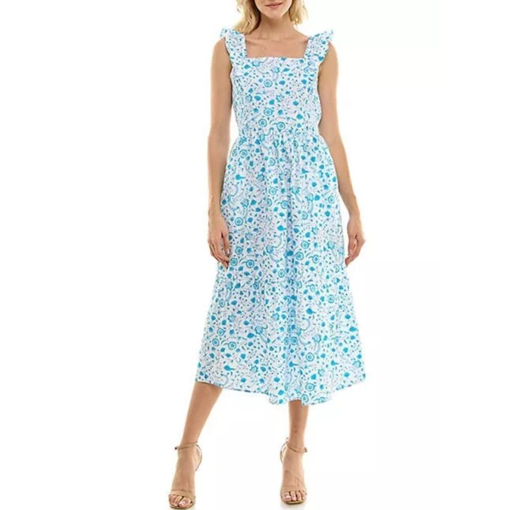 Draper James Ruffle‎ Sleeve Floral Midi Dress Women Size XL White Blue Pullover